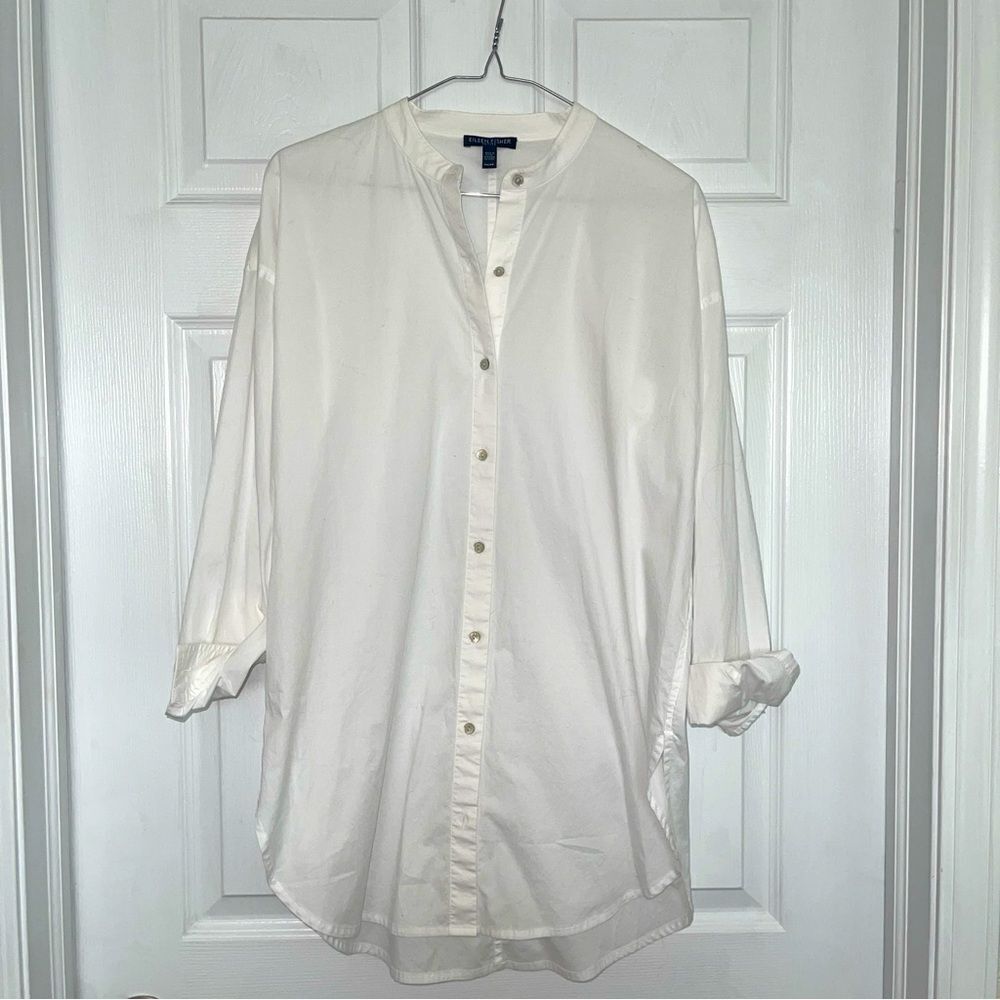 Eileen Fisher Washed Organic Cotton Poplin Band Collar Shirt Sz PS Gently Loved